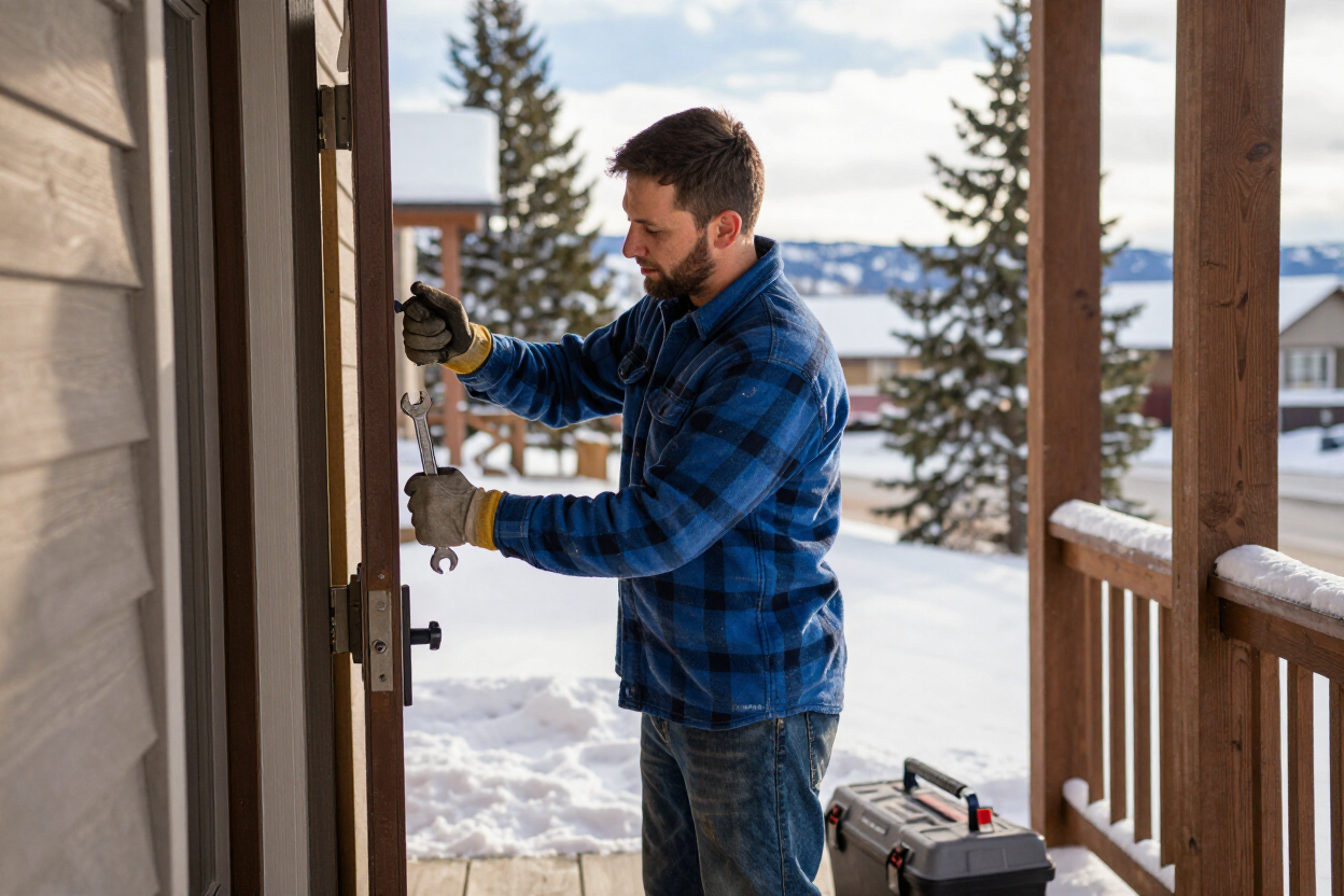 Handyman making a repair at a Bozeman home in winter