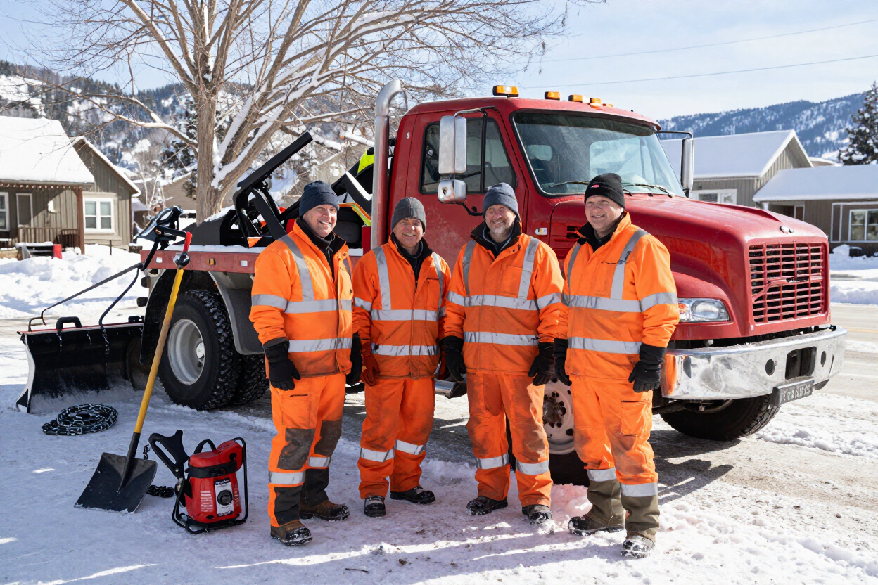 Local service crew in Bozeman beside a plow truck and repair equipment