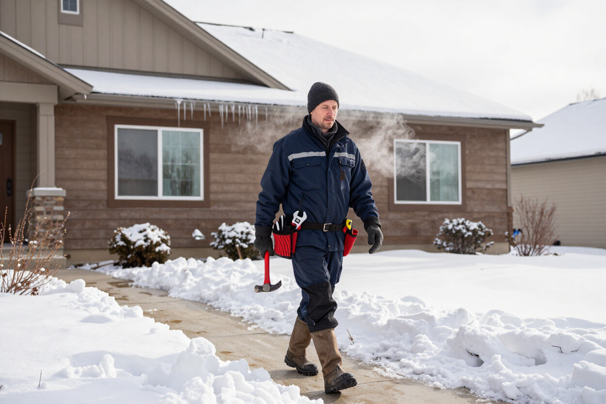 Handyman carrying tools near a snowy Bozeman property