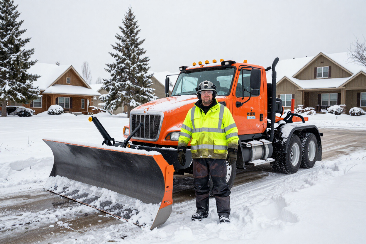 Snow plow operator in Bozeman standing beside a cleared driveway