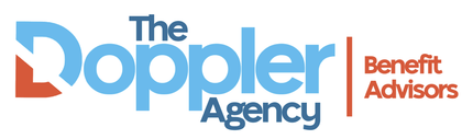 The Doppler Agency logo with blue text and orange accent, plus Benefit Advisors in orange on white background