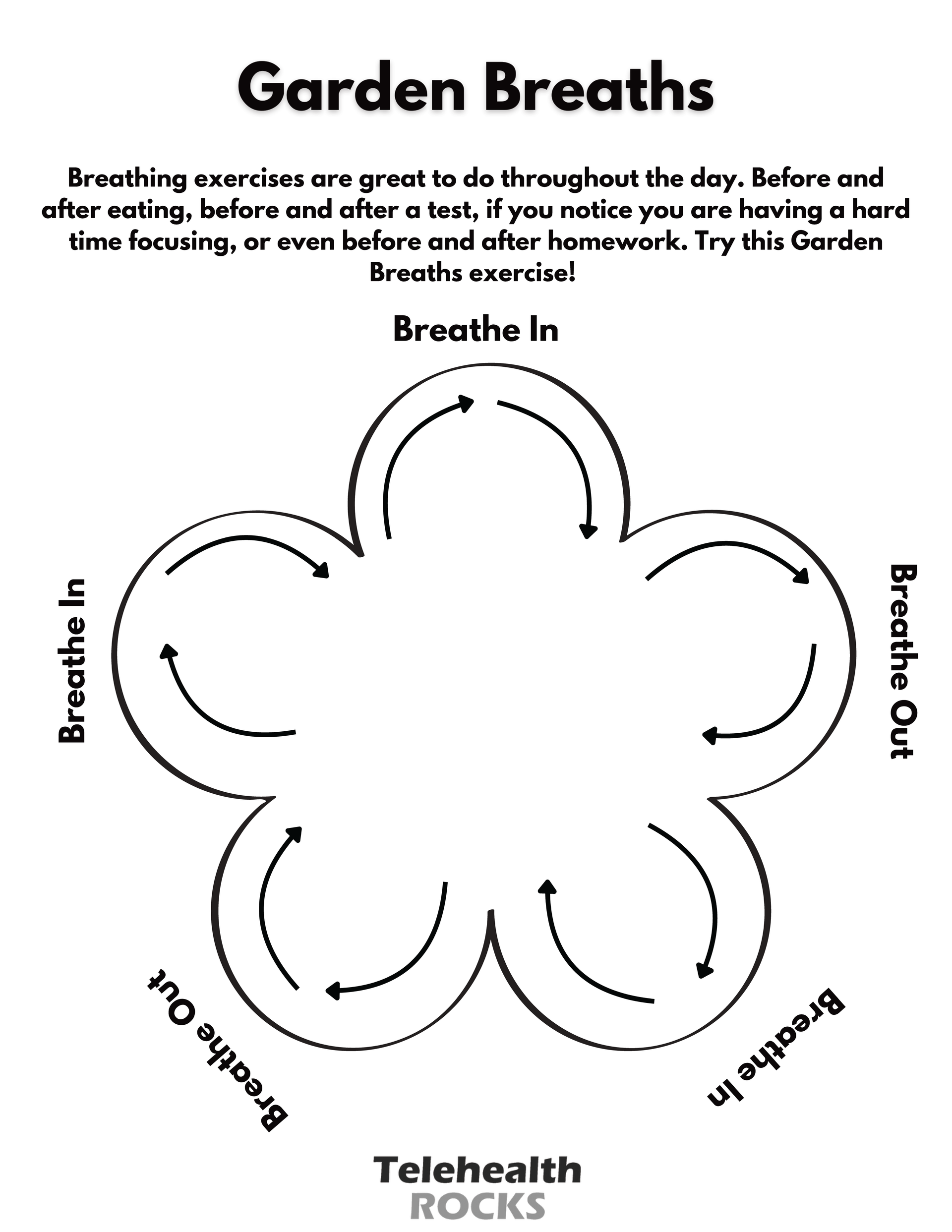 A white sheet titled "Garden Breaths" in dark lettering. The description at the top of the page reads "Breathing exercises are great to do throughout the day. Before and after eating, before and after a test, if you notice you are having a hard time focusing, or even before and after homework. Try this Garden Breaths exercise!" in dark lettering. At the center of the page is a dark outline of a flower. Each petal has either the words "breath in" or "breathe out" on them along with arrows. The Telehealth ROCKS logo is at the bottom of the page.