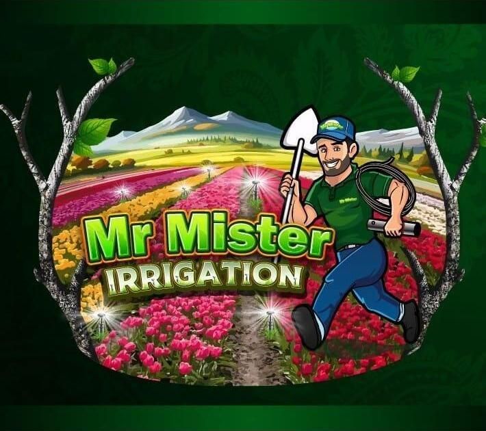 Mr. Mister Irrigation logo: cartoon man running through tulip field with sprinkler equipment. Green and white colors.