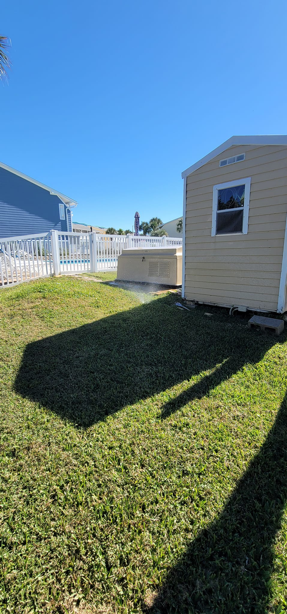 A sunny outdoor scene with a shed, a yard, and a blue building under a clear sky.