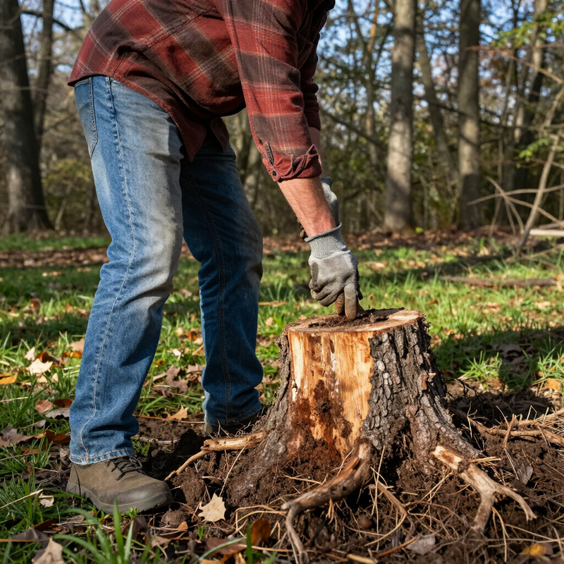 Freshly cut tree stump in a grassy outdoor area with blurred trees and water in the background