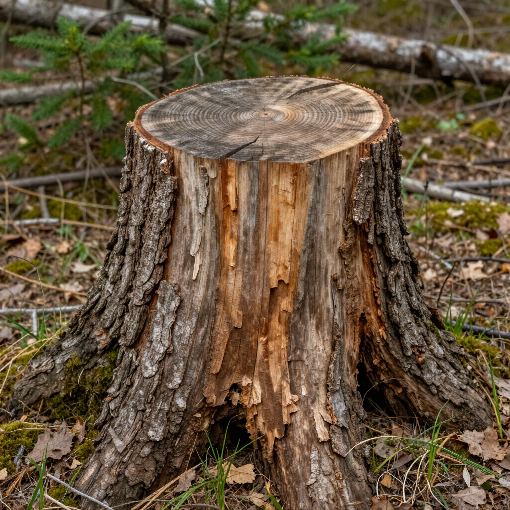 A weathered tree stump with rough bark in a forest clearing, showing cut rings on top.