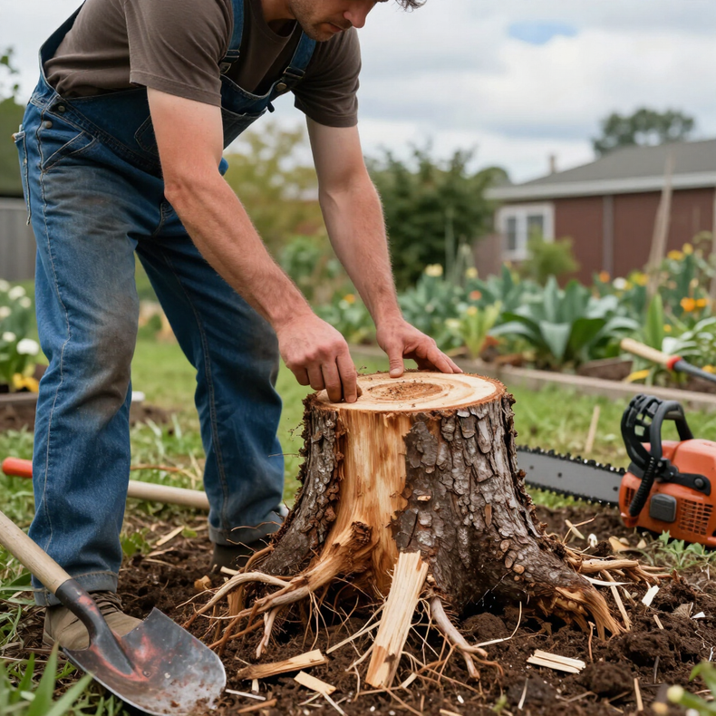 Freshly cut tree stump in a grassy outdoor area with blurred trees and water in the background