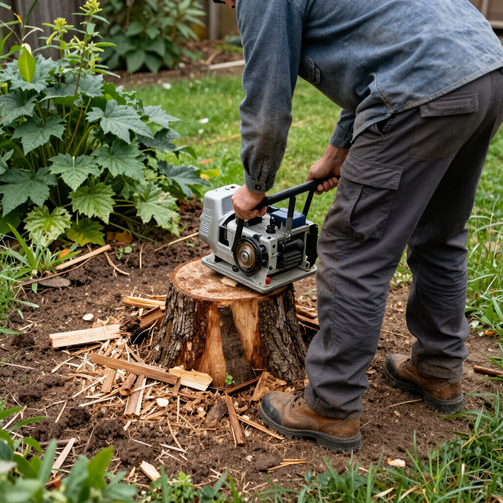 Person using a chainsaw to cut a tree stump in a garden in autumn
