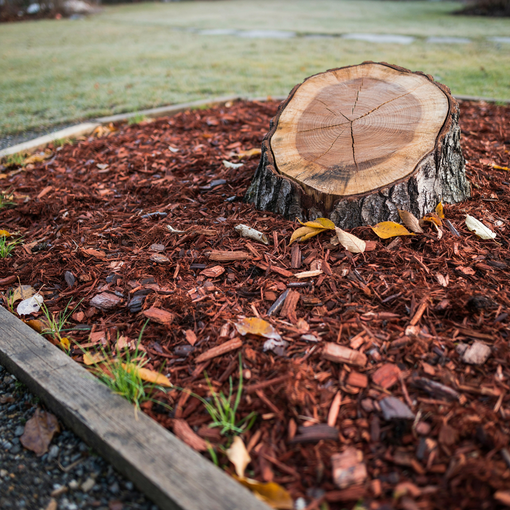 Orange skid-steer loading cut branches into a bucket beside a suburban driveway and lawn.