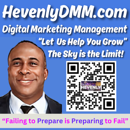 Man with digital marketing website, blue background, QR code, and quote. 