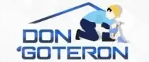 Logotipo con el nombre "DON 'GOTERON". Una figura azul arrodillada bajo la silueta de un tejado, sosteniendo una herramienta.