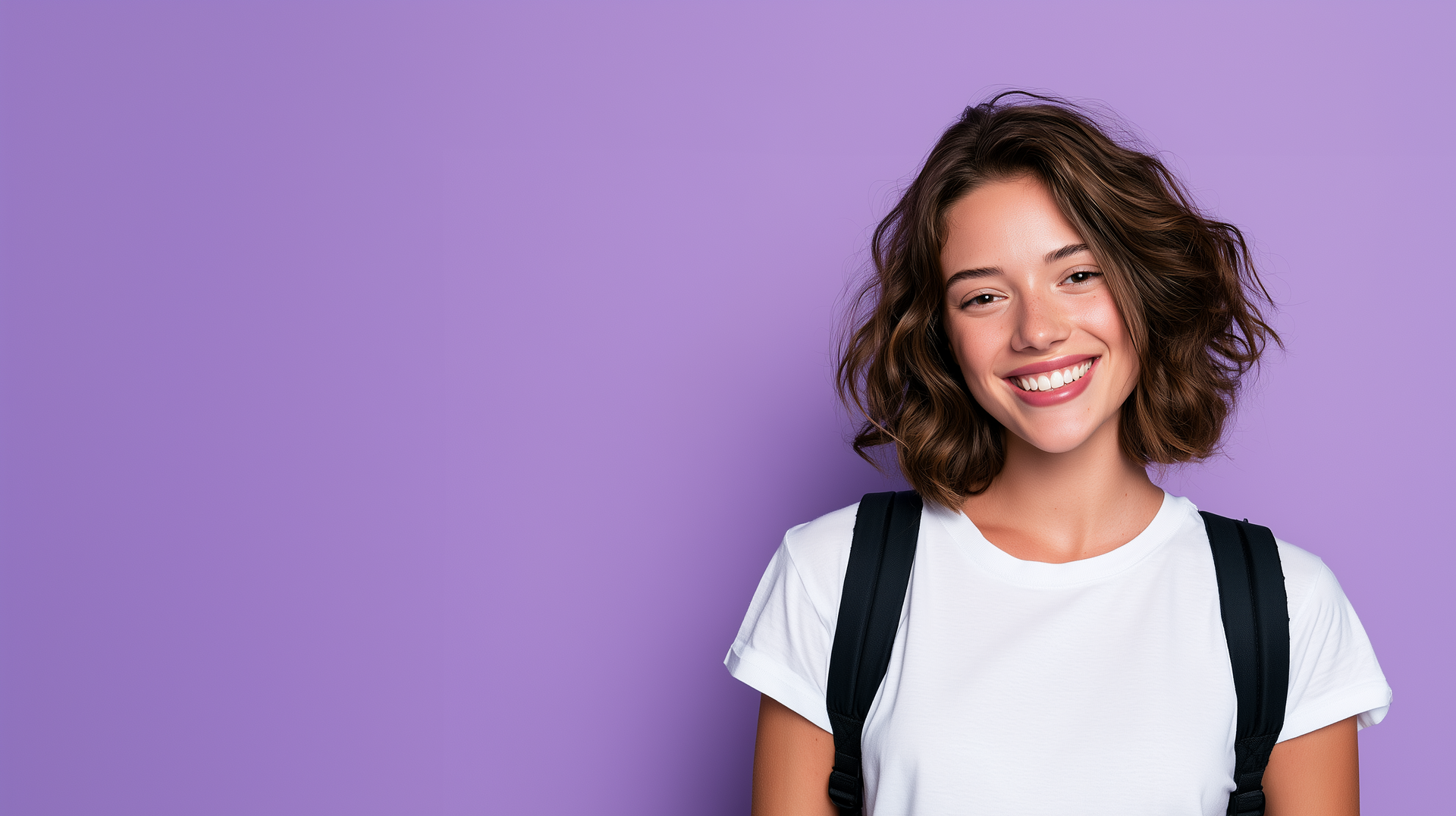 Smiling person with neon green glasses and top against a purple background