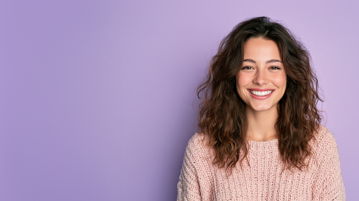 Smiling woman with curly hair in a pink sweater against a purple background