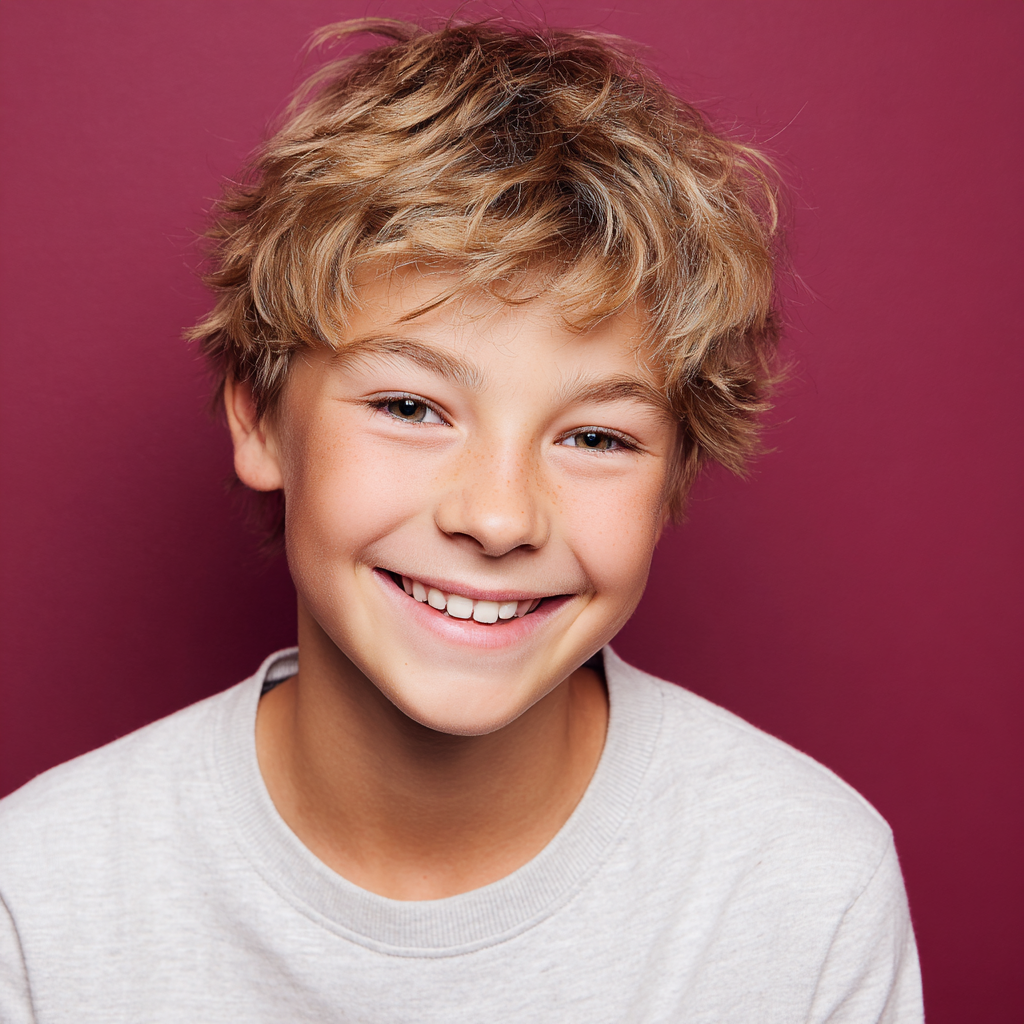 Smiling child with tousled blond hair against a magenta background