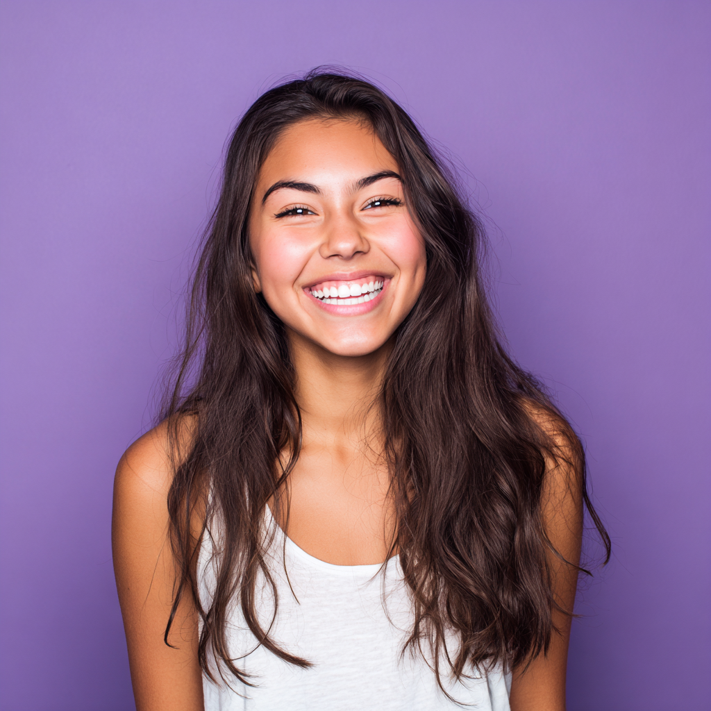 Woman with long brown hair smiles widely, wearing a white tank top against a purple background.