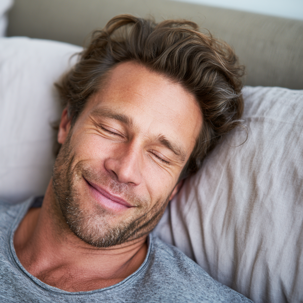Smiling man with eyes closed, resting on a pillow in bed