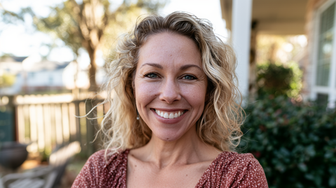 Smiling woman outdoors on a porch with blurred greenery and a sunlit house in the background
