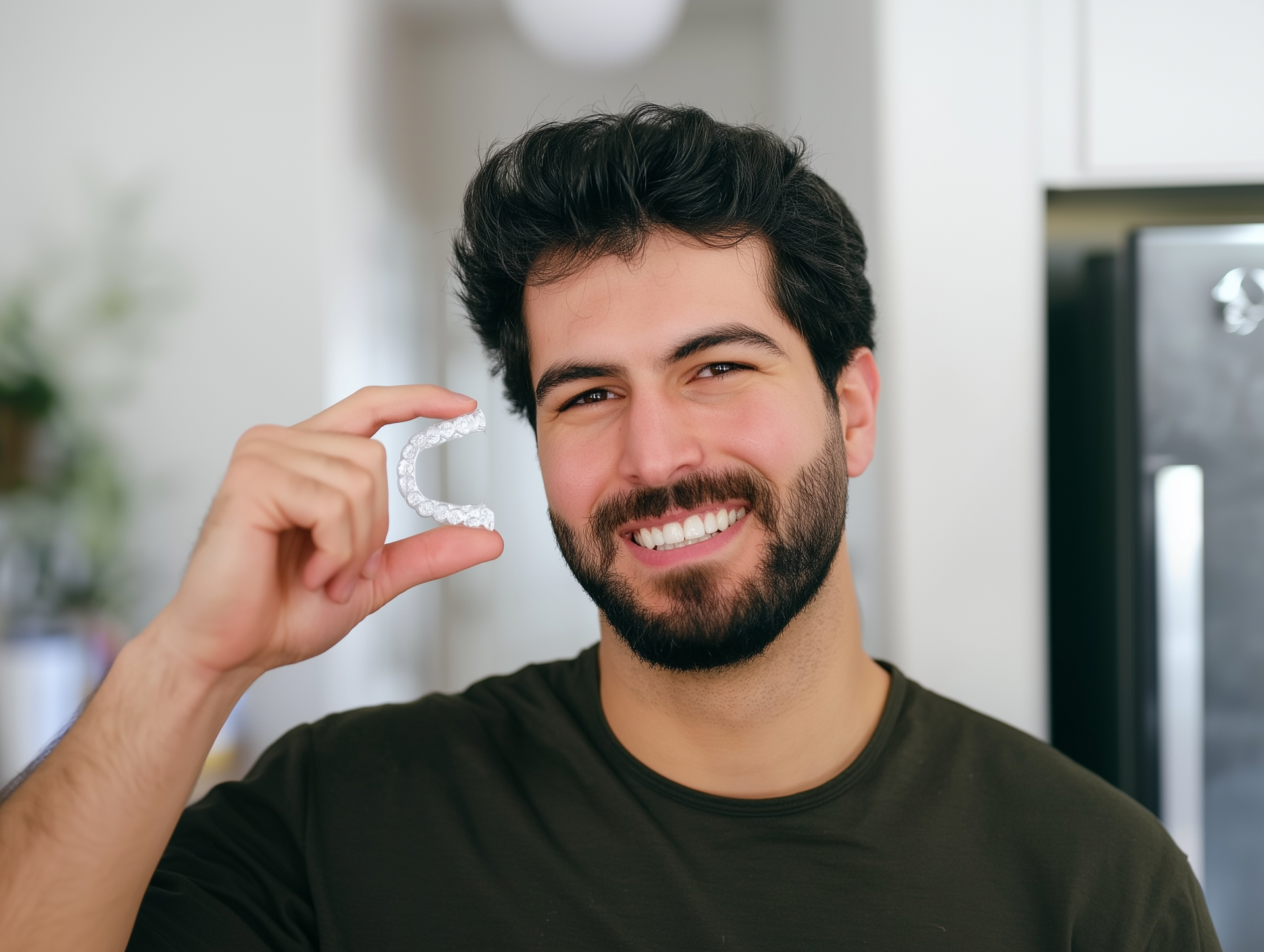 Man holding clear teeth aligner, smiling, showing off his teeth.