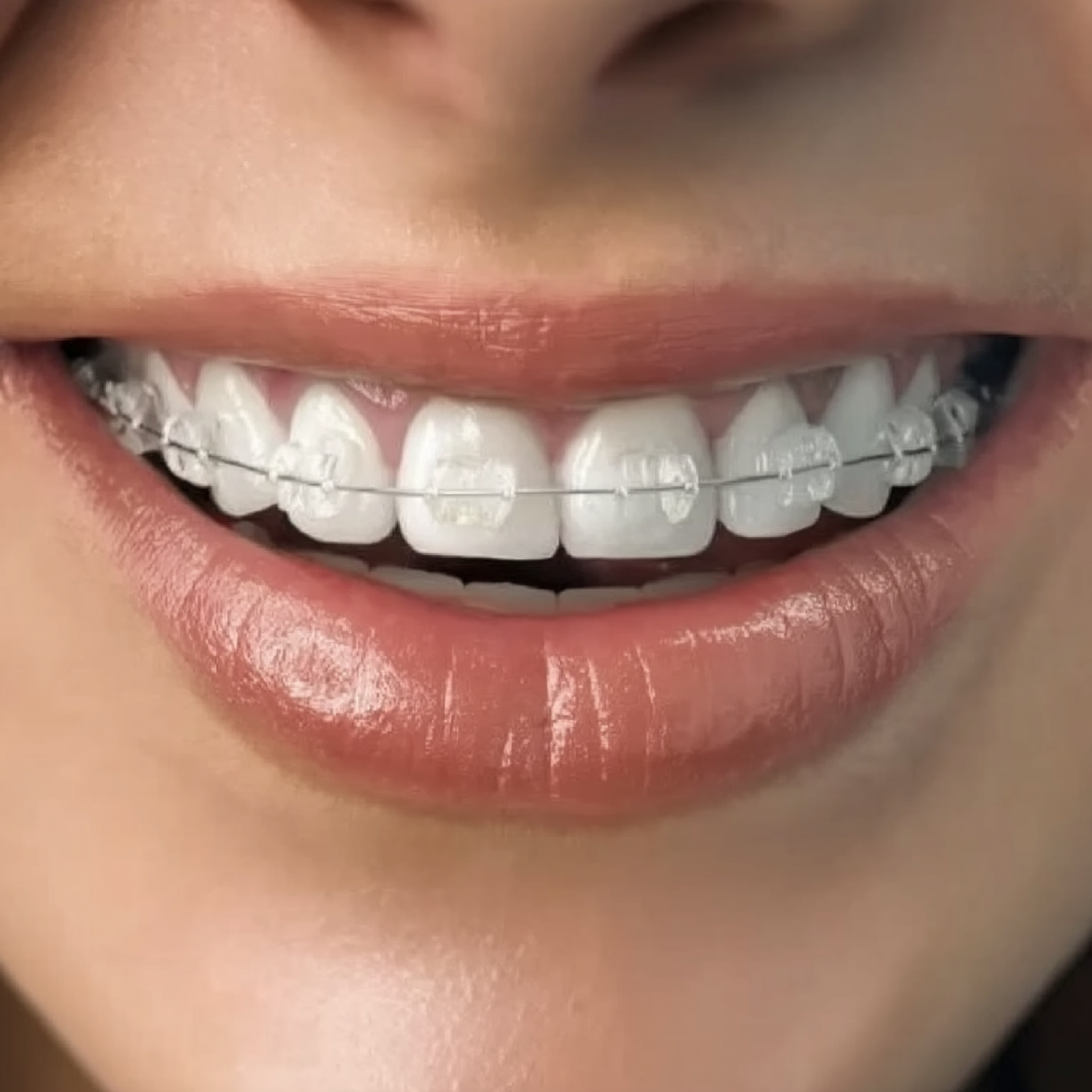 Close-up of a smiling mouth with clear ceramic braces on the upper and lower teeth.