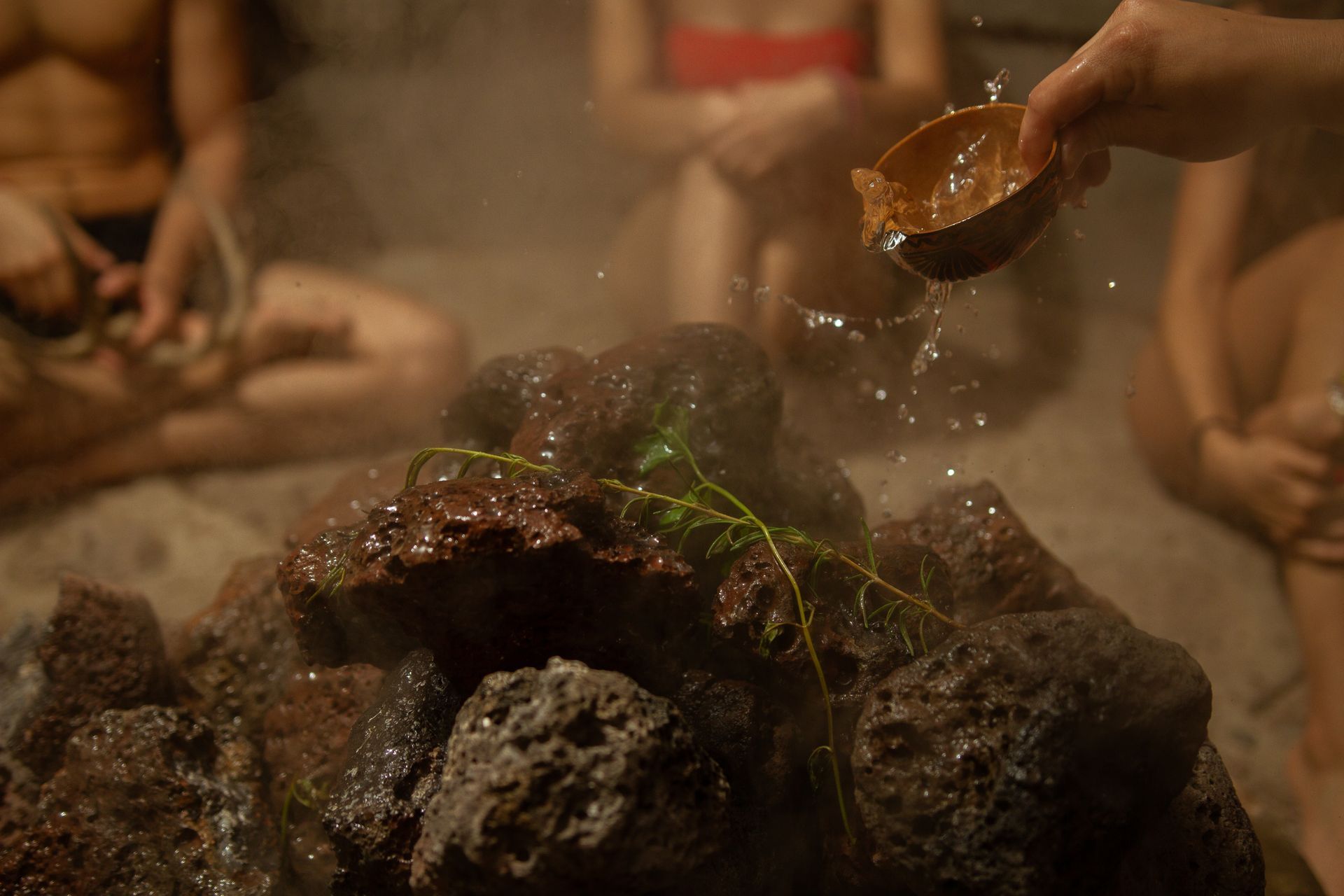 Persona vertiendo agua de un cuenco de madera sobre una piedra caliente con vegetación en una sauna; el vapor asciende.