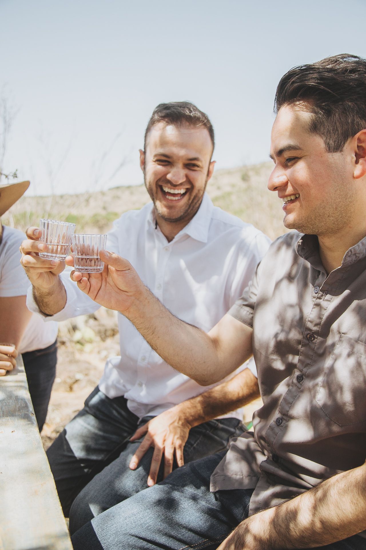 Dos hombres al aire libre brindando con copas, sonriendo. Luz del sol.