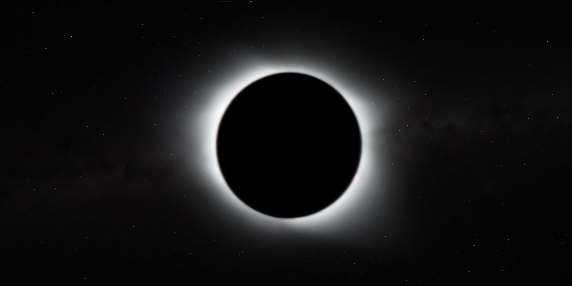 Eclipse solar con un disco negro en el centro, rodeado por una brillante corona contra un cielo nocturno estrellado.