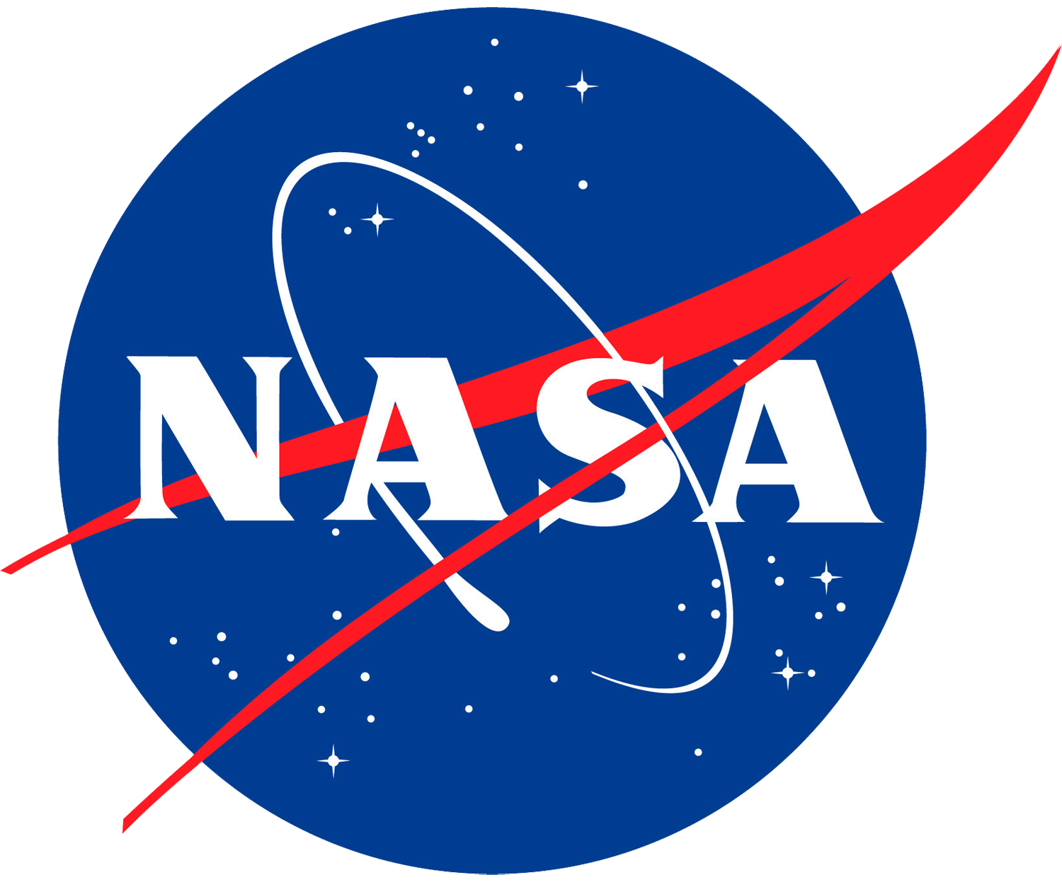 Logotipo de la NASA: círculo azul con letras blancas, línea roja curva y forma blanca en órbita.