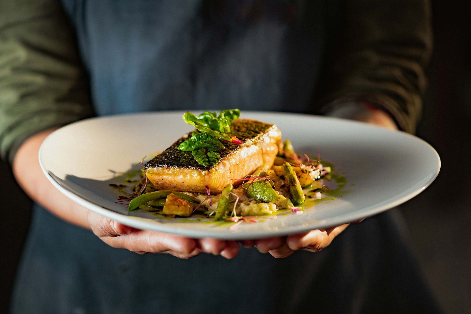 Person holding a white plate with seared salmon and vegetables, garnished with herbs.