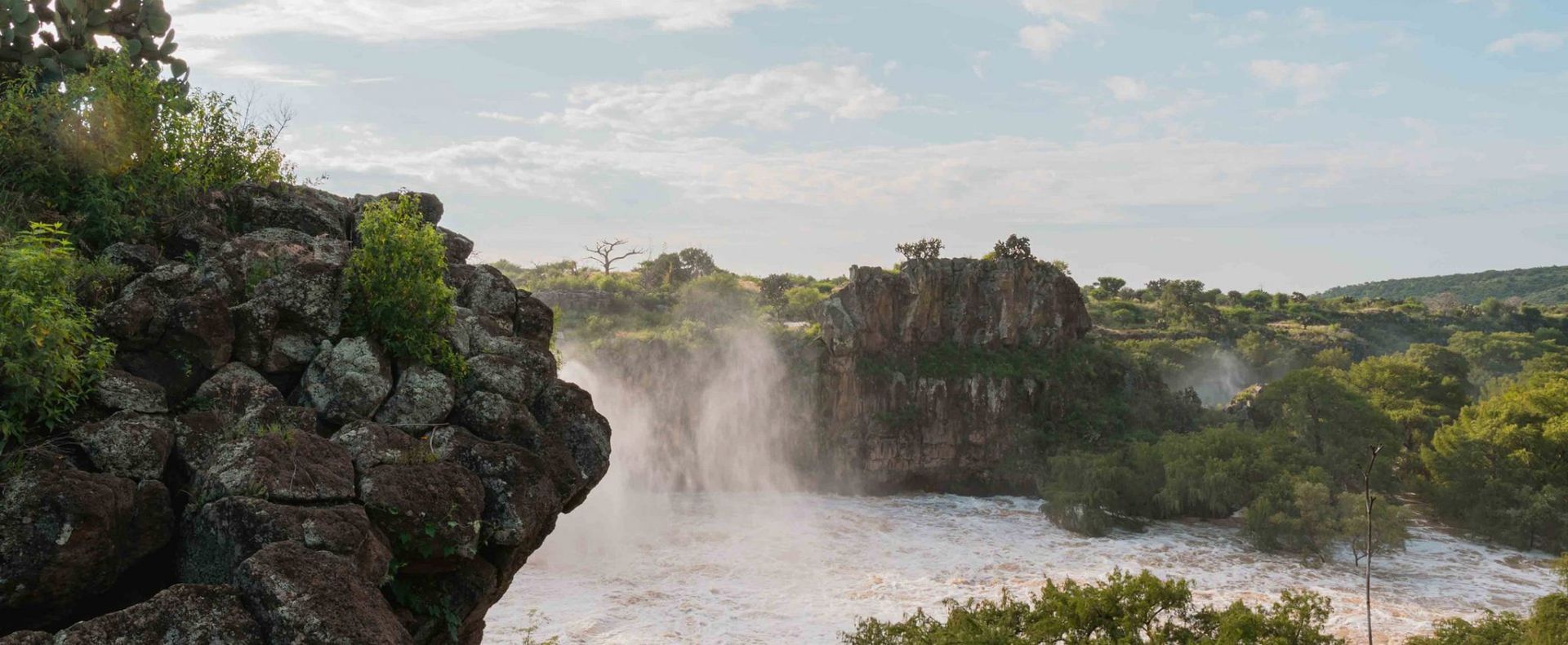 Waterfall cascading down rocky cliffs into a wide river surrounded by lush green foliage.