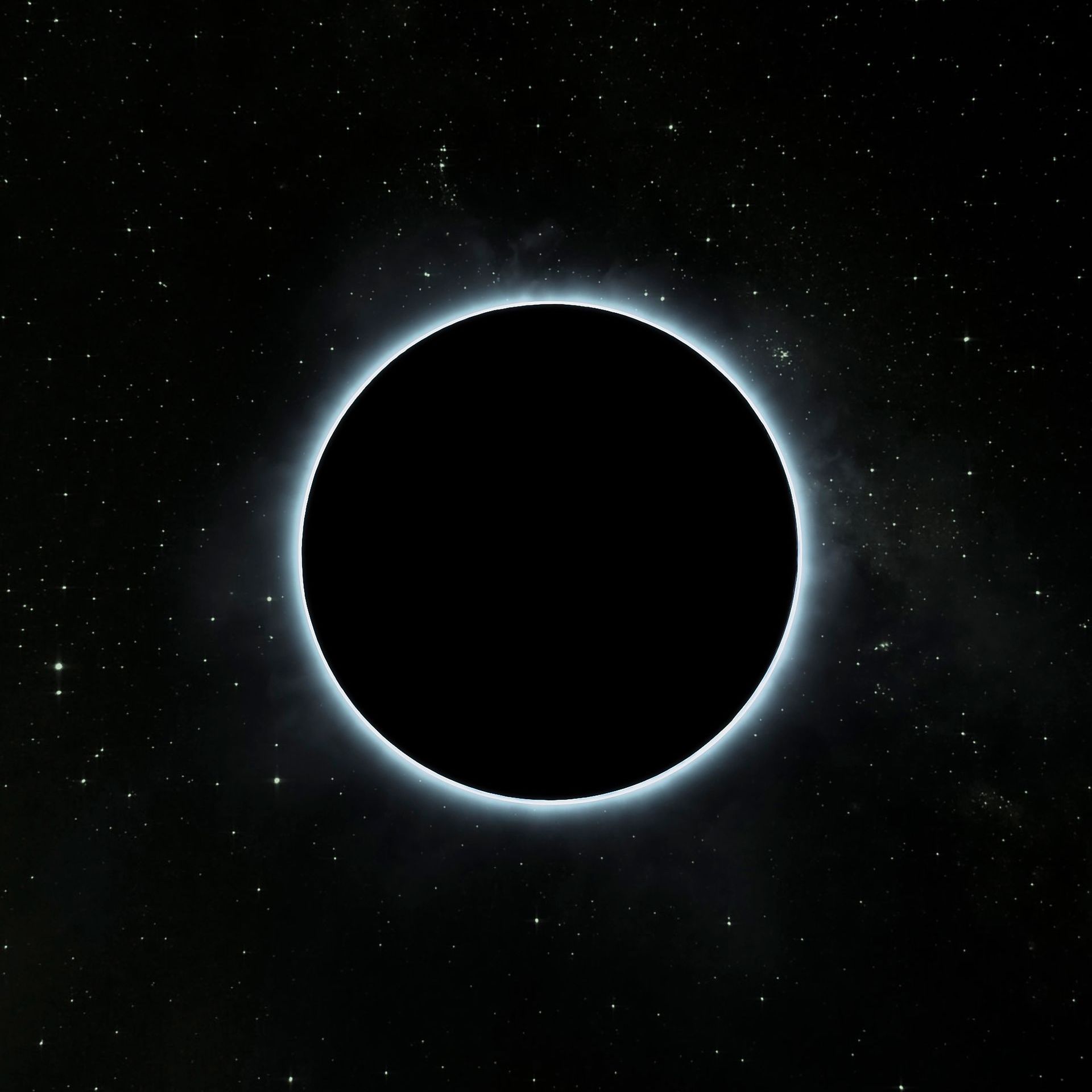 Eclipse solar: círculo oscuro en el centro con una corona brillante sobre un fondo estrellado.