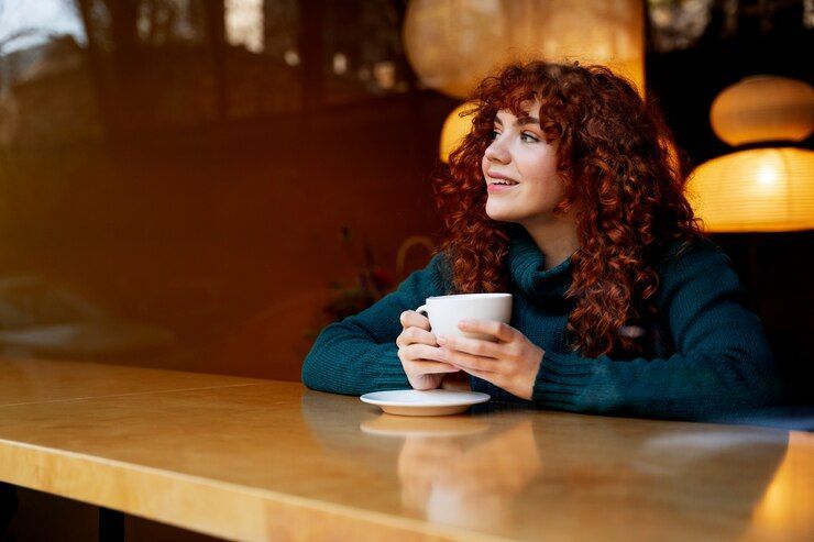 A woman sits in a cafe drinking a cup of coffee