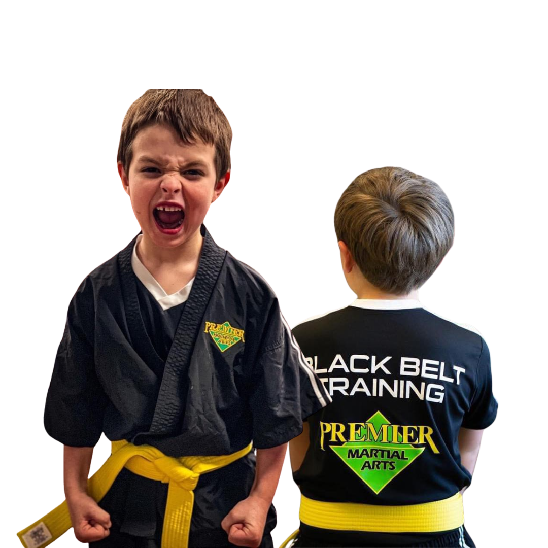 A boy and a girl are practicing karate together.