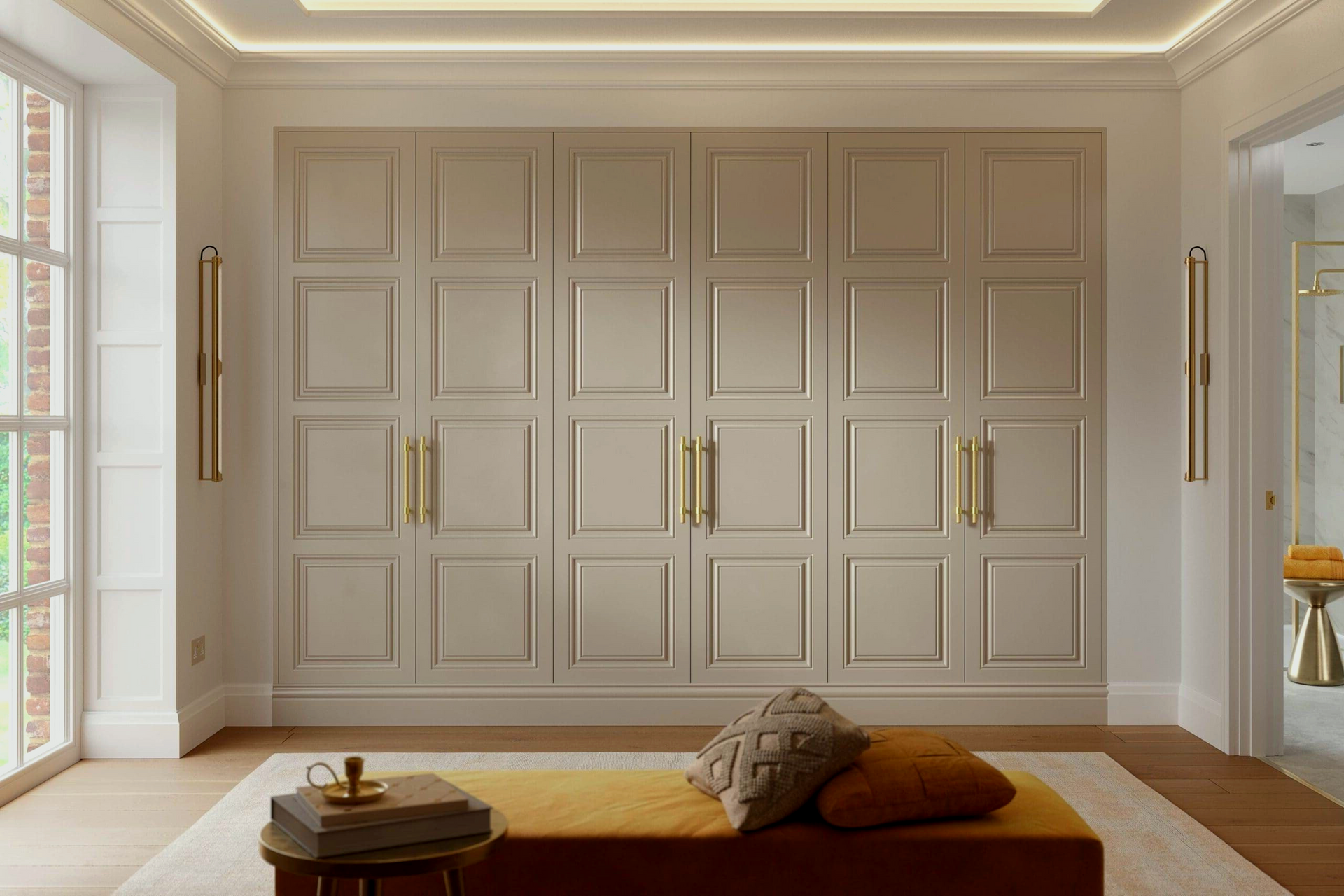 A light brown built-in wardrobe in a lounge room