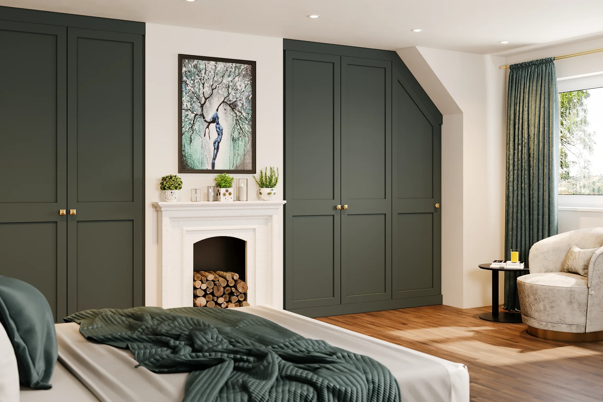 Bedroom with dark green built-in wardrobes, fireplace with artwork, and a white armchair.