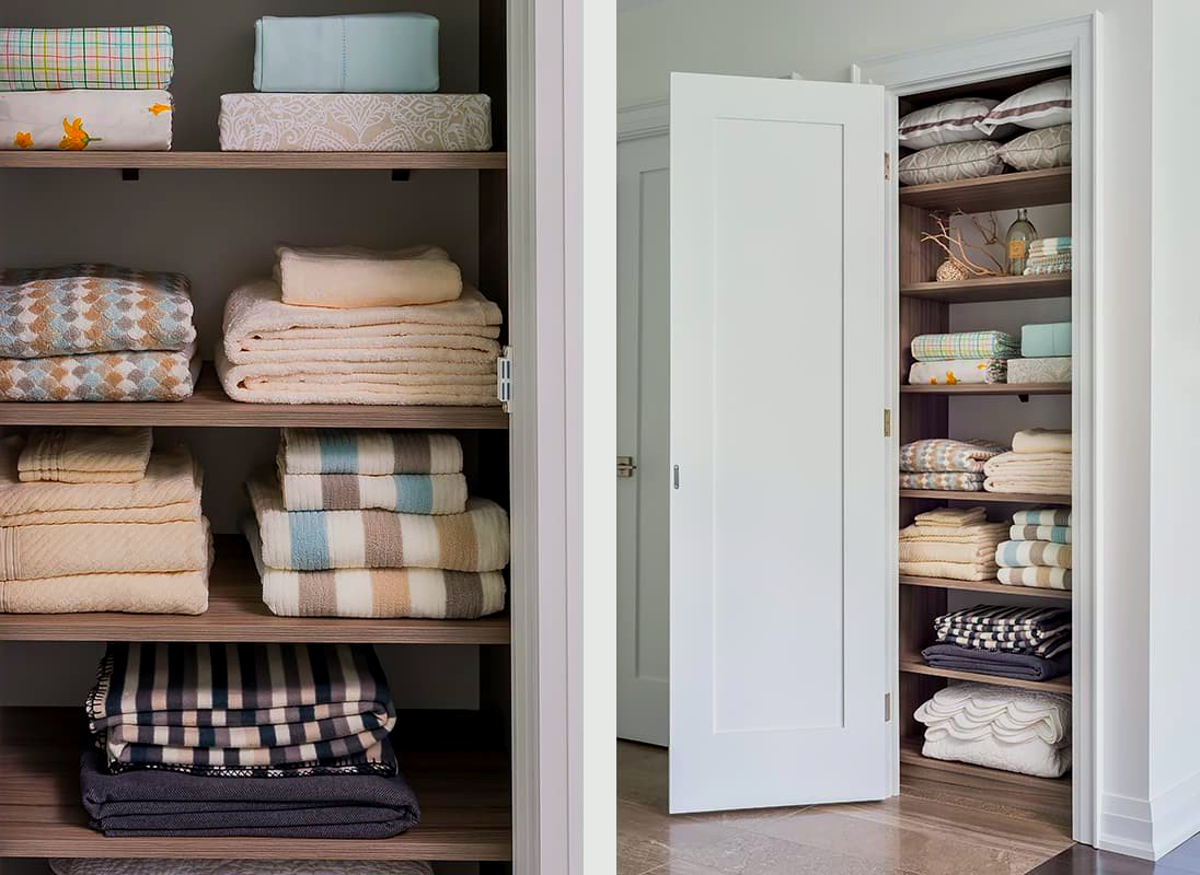 Closet with organised shelves of folded blankets, towels, and boxes, seen partially open with a white door.