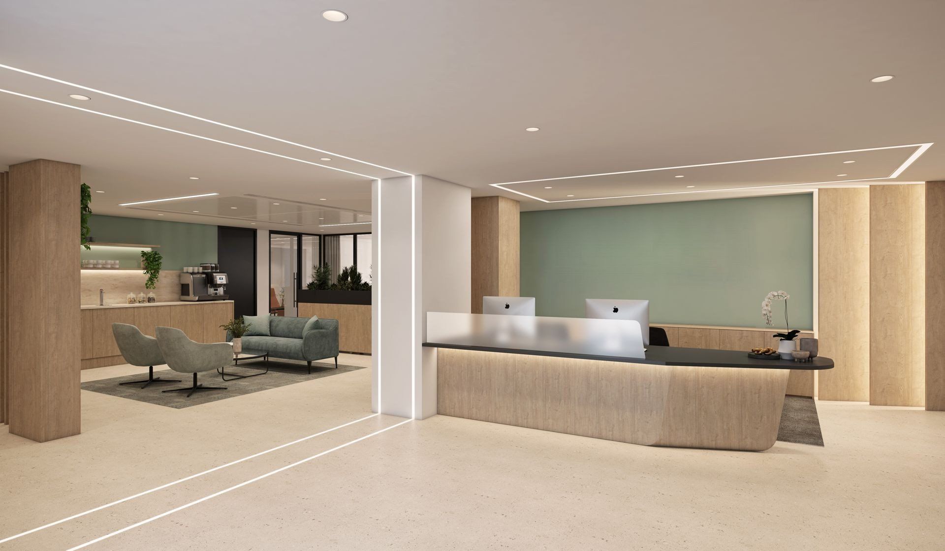 Modern office lobby with curved reception desk, seating area, and soft beige interior finishes.