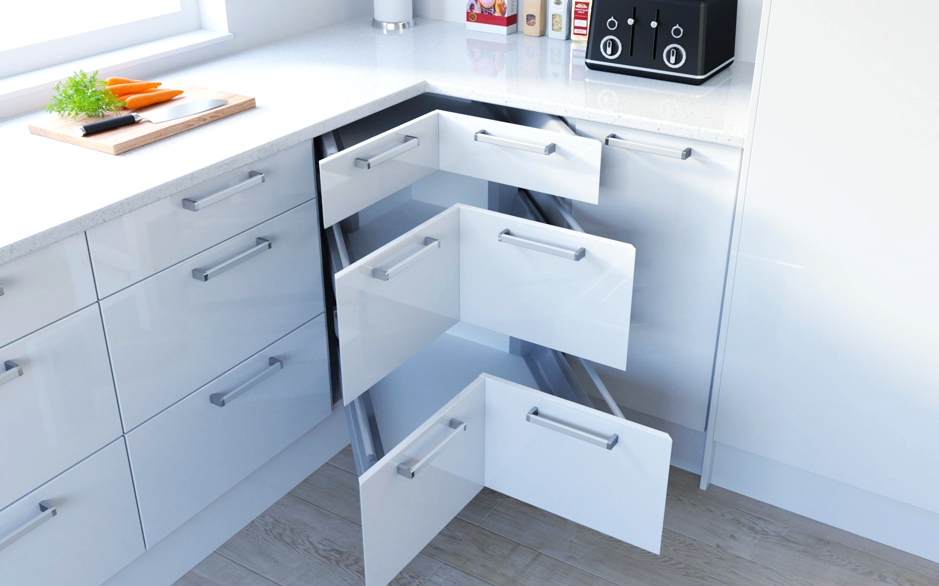 A kitchen with white cabinets and drawers and a microwave.