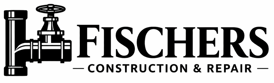 Fischers Construction & Repair logo with black pipe and valve icon on white background