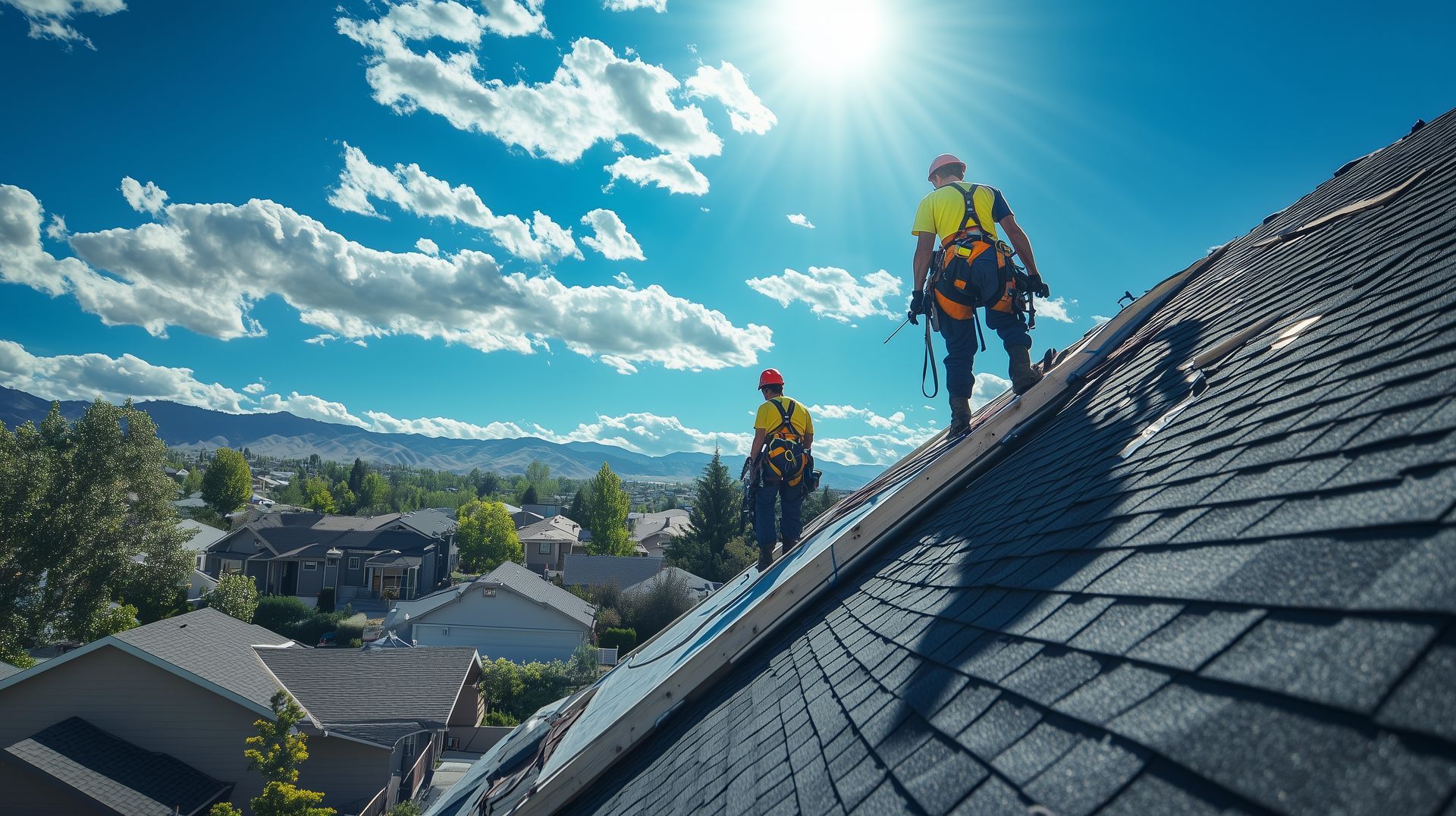 Roofers installing shingles on steep residential roof under sunny sky in suburban neighborhood.