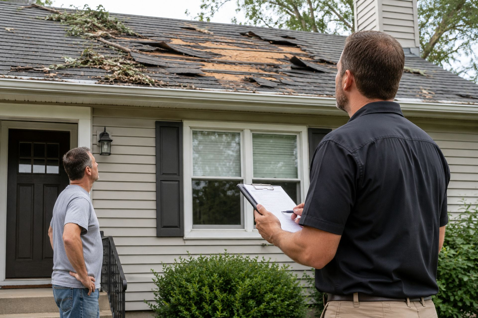 Roofing contractor discussing storm damaged roof