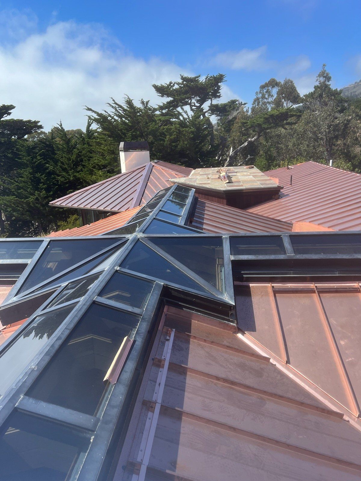 Copper roof with skylights against a backdrop of trees and a blue sky.