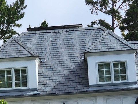 Gray brick-patterned roof with two dormer windows, surrounded by trees and a light blue sky.