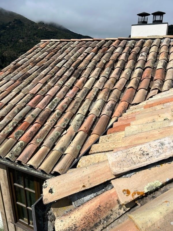 Tiled roof with weathered, varied orange-brown clay tiles, a chimney, and a window. Mountains in the background.