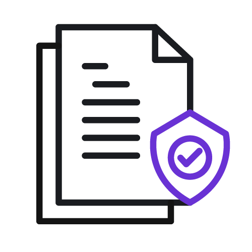 Documents protected by a purple shield with a checkmark, symbolizing security.