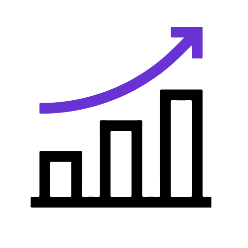 Bar graph with upward trending purple arrow.