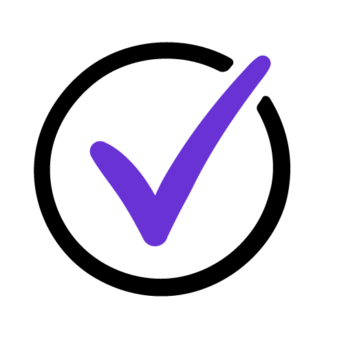 Purple checkmark inside a black circle.
