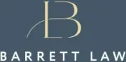 Barrett Law logo with stylized gold “B” on a blue-gray background