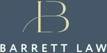 Barrett Law logo with stylized gold “B” on a blue-gray background
