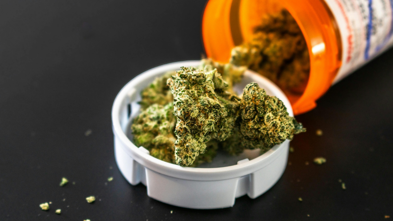 Cannabis buds spilling from an orange prescription pill bottle into a white cap on a black surface