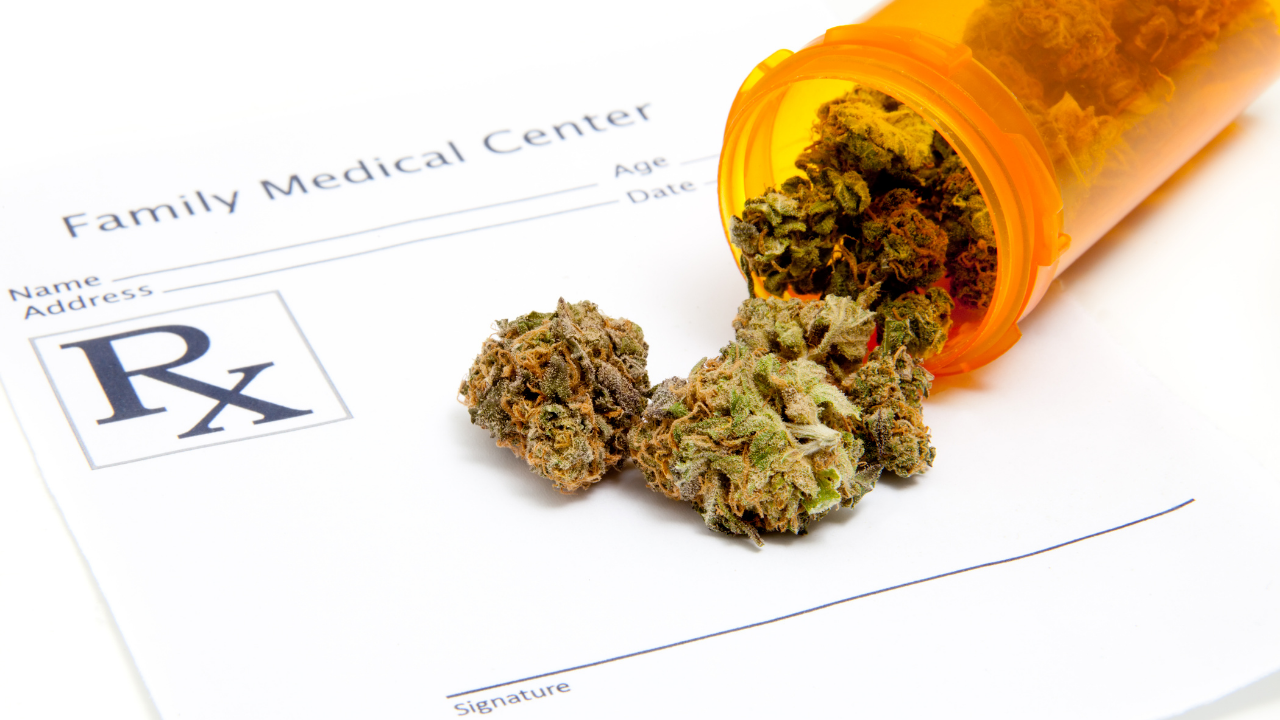 Prescription form with cannabis buds next to an orange pill bottle and Rx symbol